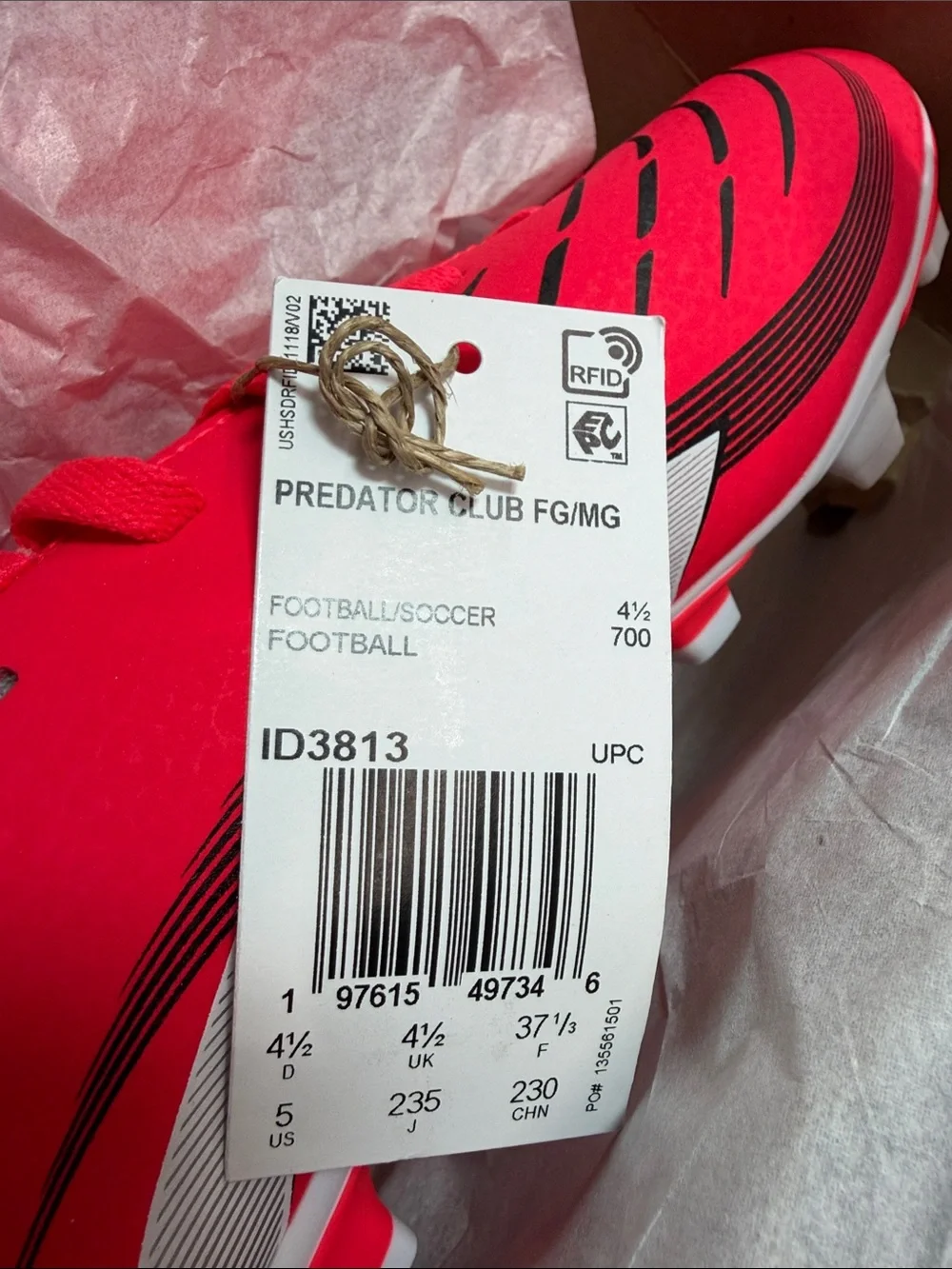 adidas Predator Club FG/MG J Lucid Red/White Soccer Cleats unisex Junior 5 New